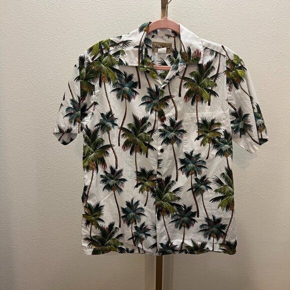 Vintage Blue Hawaii Hawaiian Islands Palm Tree White Hawaiian Shirt Mens Small - Picture 1 of 4